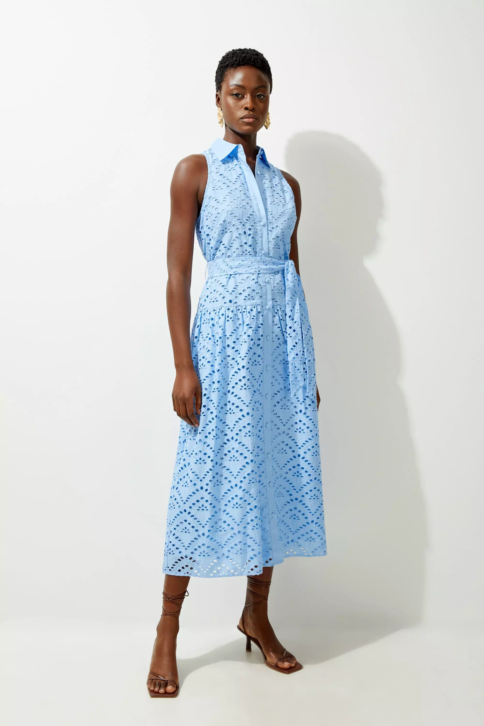 Cotton Broderie Belted Woven Maxi Shirt Dress Karen Millen