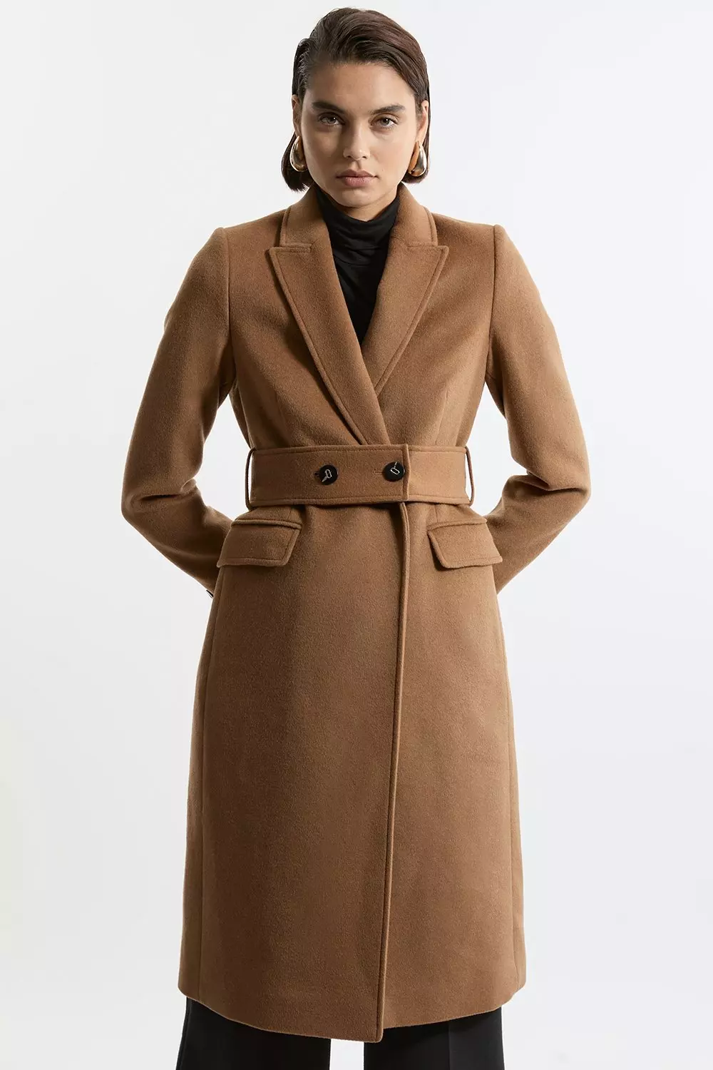 Tailored Wool Blend Belted Midi Coat Karen Millen