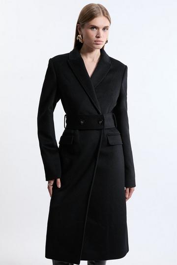 Black Tailored Wool Blend Belted Midi Coat