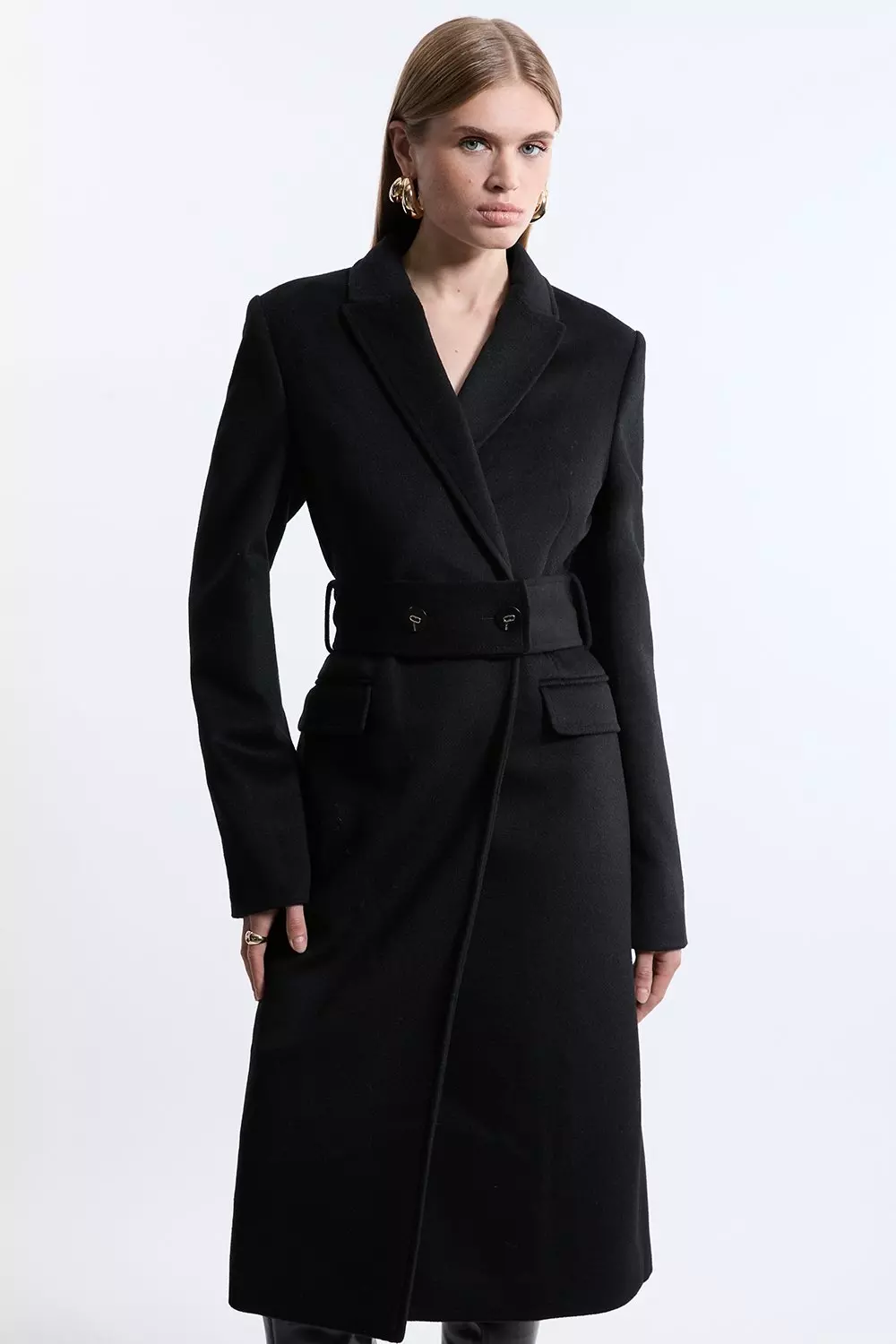 Tailored Wool Blend Belted Midi Coat Karen Millen