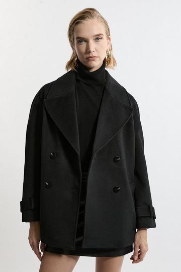 Black Tailored Wool Blend Double Breasted Short Pea Coat