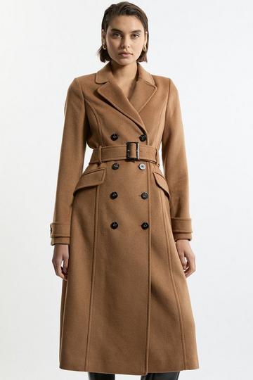 Petite Tailored Wool Blend Double Breasted Belted Midi Coat camel