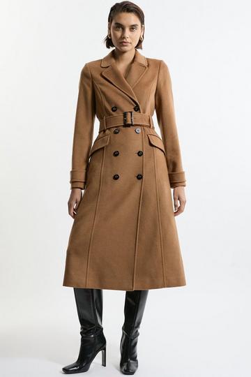 Tailored Wool Blend Double Breasted Belted Midi Coat camel