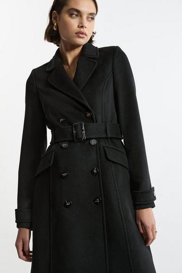 Black Tailored Wool Blend Double Breasted Belted Midi Coat