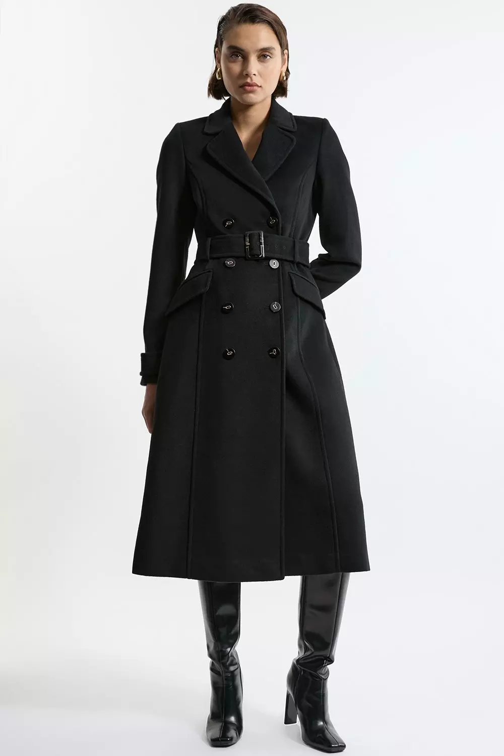 Black belted long coat best sale