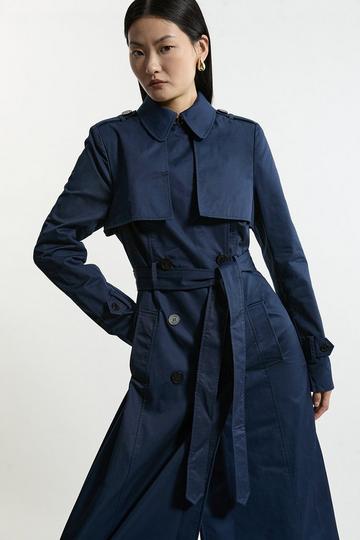 Navy Tailored Wrap Storm Flap Belted Longline Trench Coat