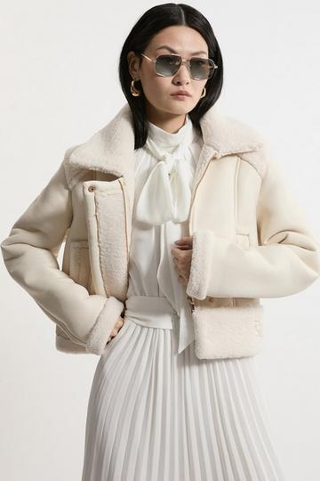 Faux Fur Aviator Crop Jacket cream