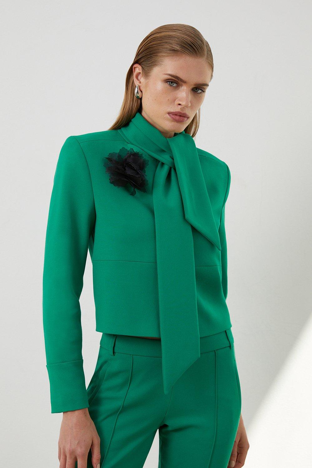 Emerald The Founder Petite Neck Tie Rosette Cropped Tailored Jacket