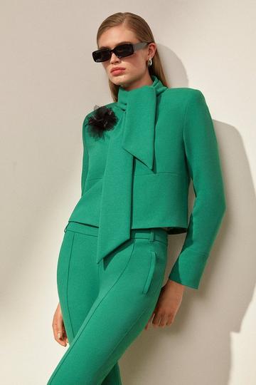 The Founder Neck Tie Rosette Cropped Tailored Jacket emerald