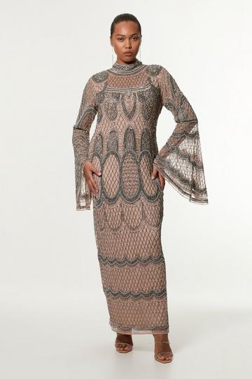 Plus Size Embellished And Beaded Long Sleeve Woven Maxi Dress nude