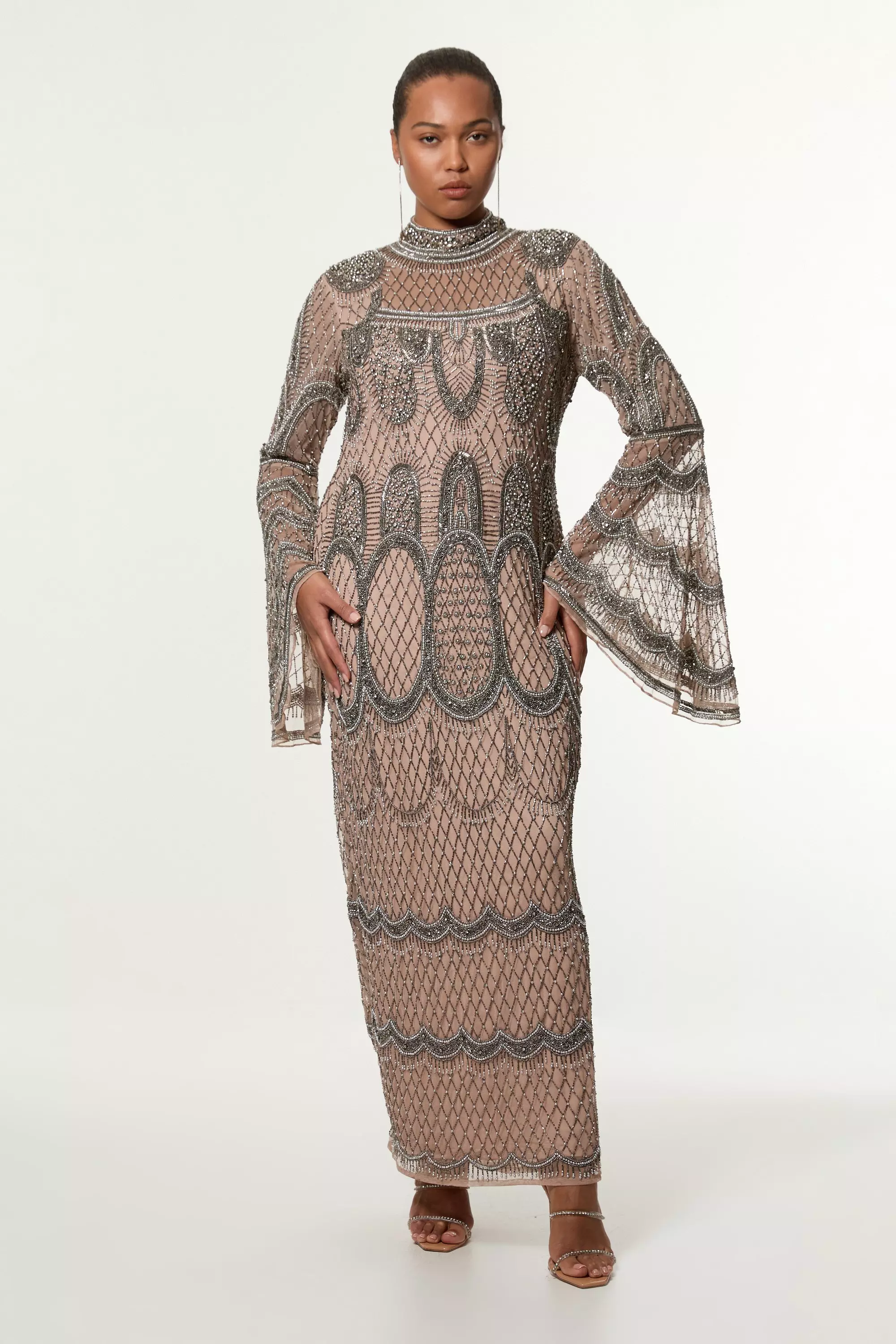 Plus Size Embellished And Beaded Long Sleeve Woven Maxi