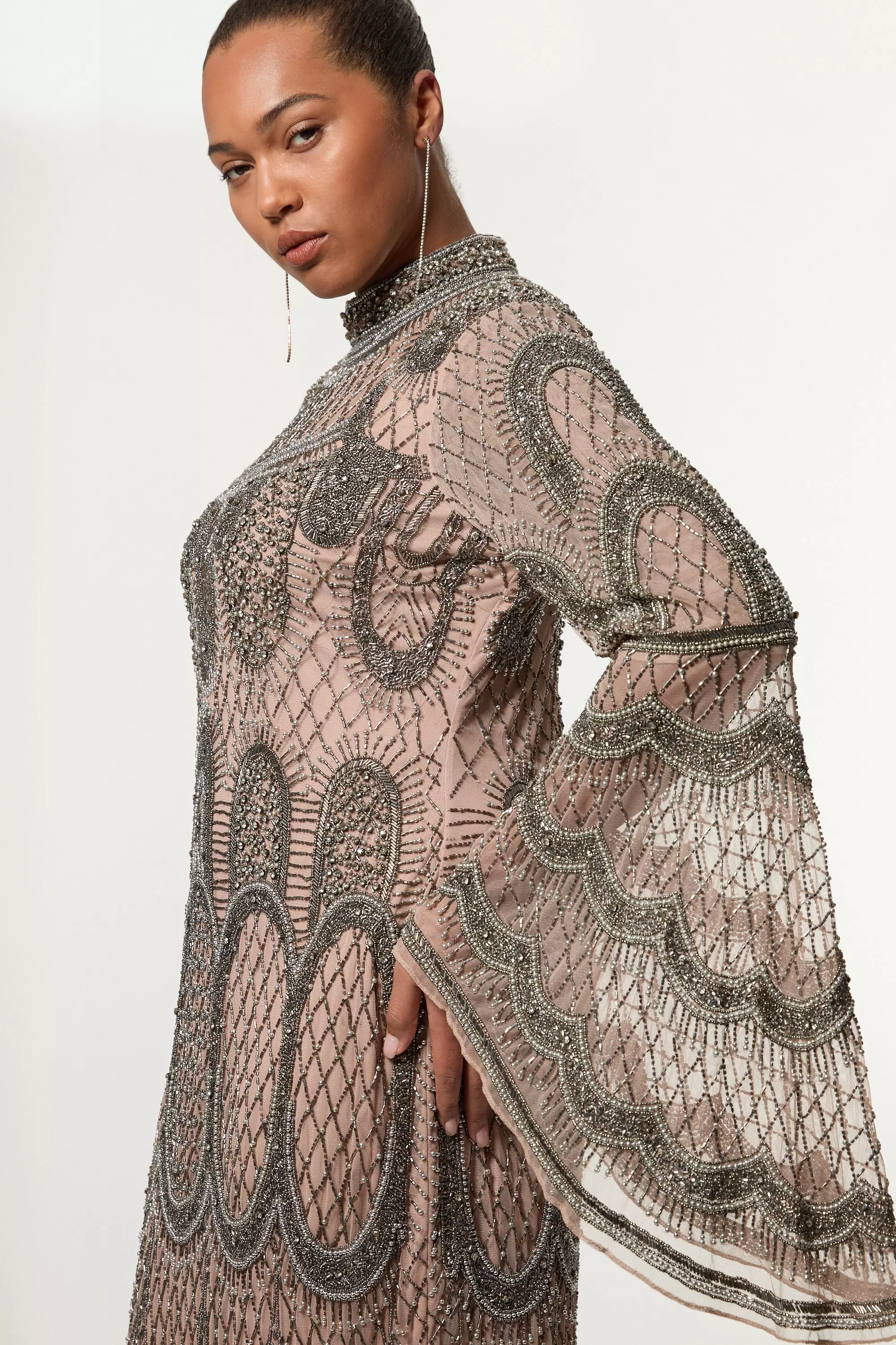 Plus Size Embellished And Beaded Long Sleeve Woven Maxi