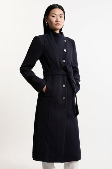 Tailored Wool Blend Asymmetric Button Neck Belted Midi Coat navy