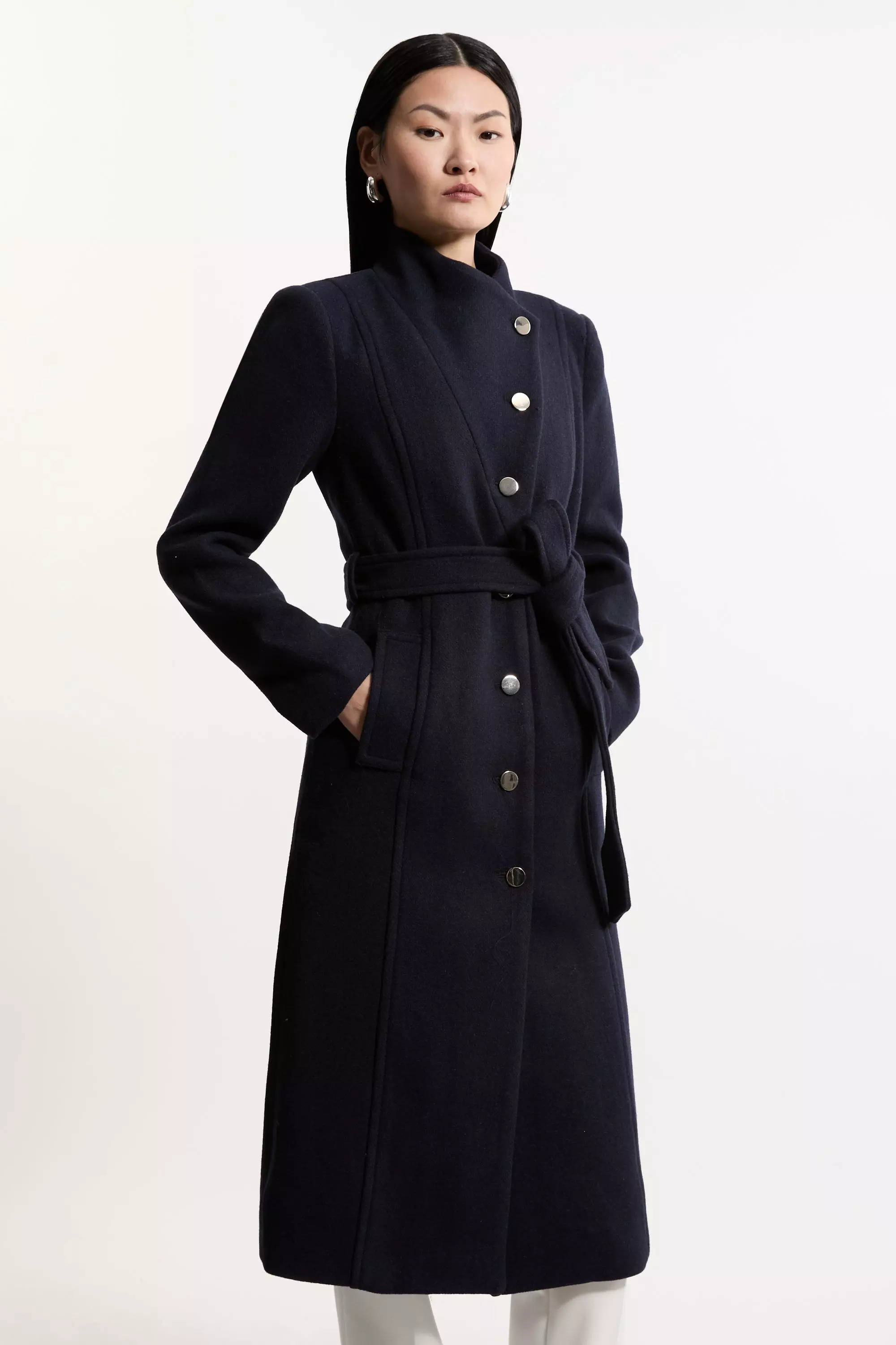 Navy Tailored Wool Blend Asymmetric Button Neck Belted Midi Coat alternative image