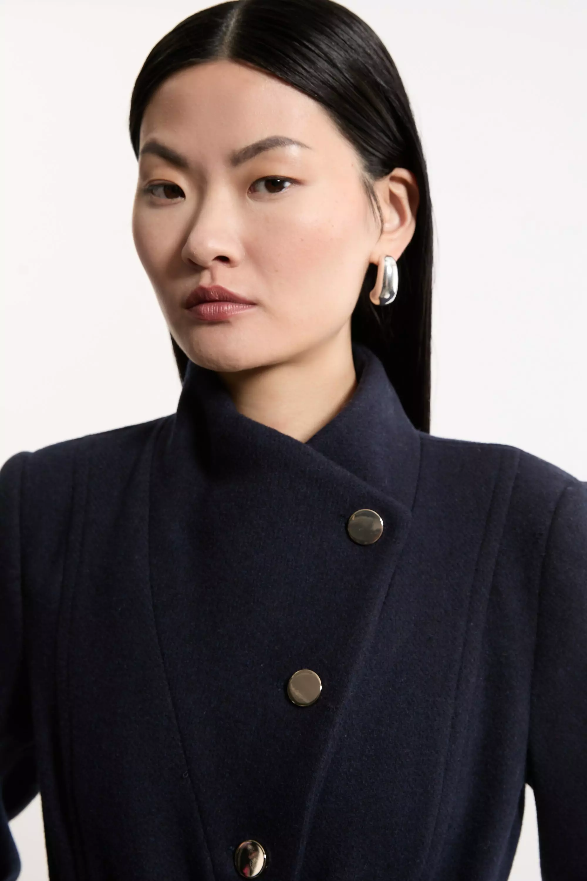 Tailored Wool Blend Asymmetric Button Neck Belted Midi Coat