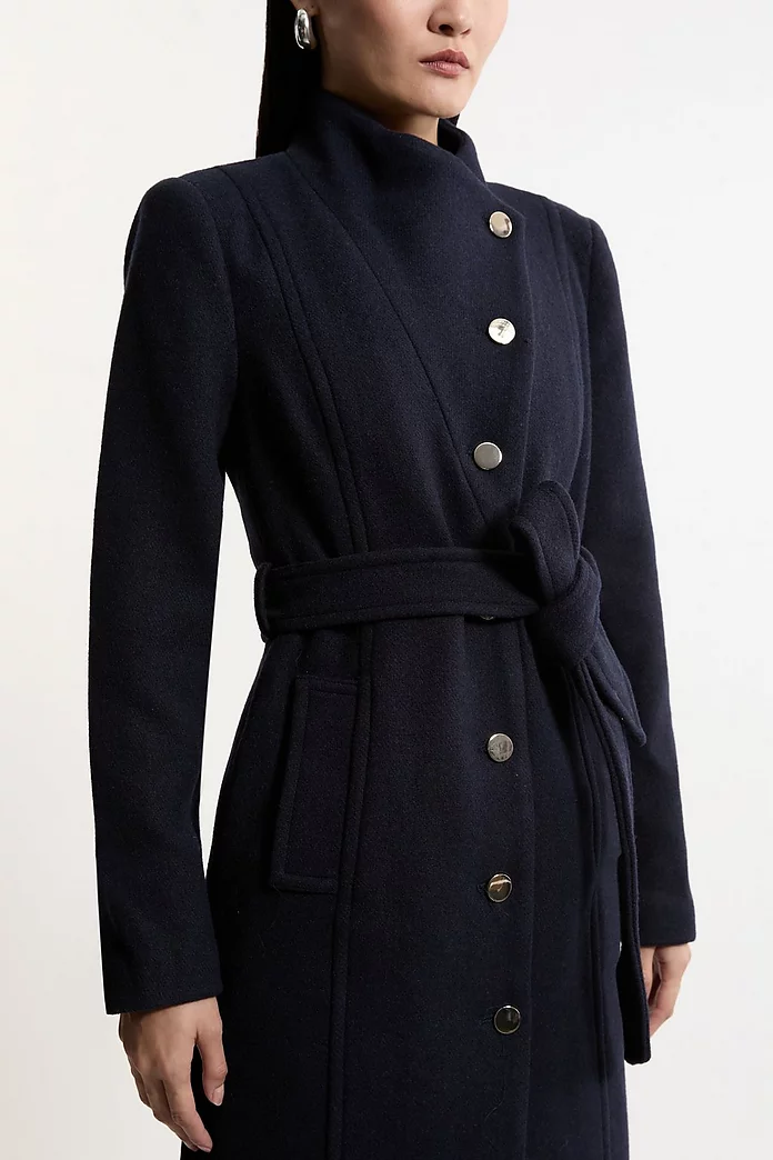 Tailored Wool Blend Asymmetric Button Neck Belted Midi Coat Tailored Wool Blend Asymmetric Button Neck Belted Midi Coat