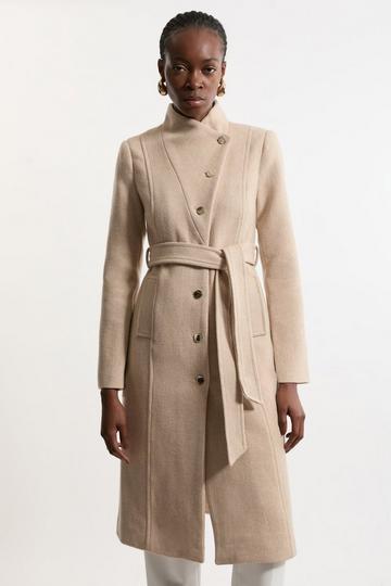 Tailored Wool Blend Asymmetric Button Neck Belted Midi Coat oatmeal