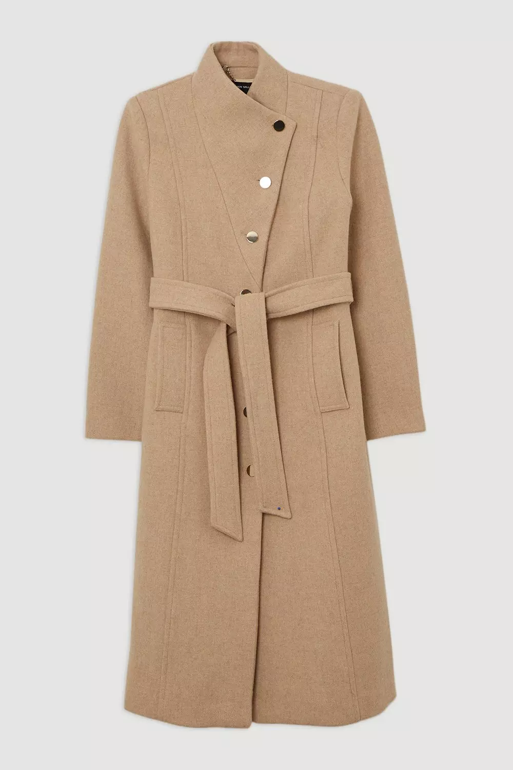Tailored Wool Blend Asymmetric Button Neck Belted Midi Coat