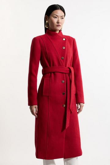 Red Tailored Wool Blend Asymmetric Button Neck Belted Midi Coat