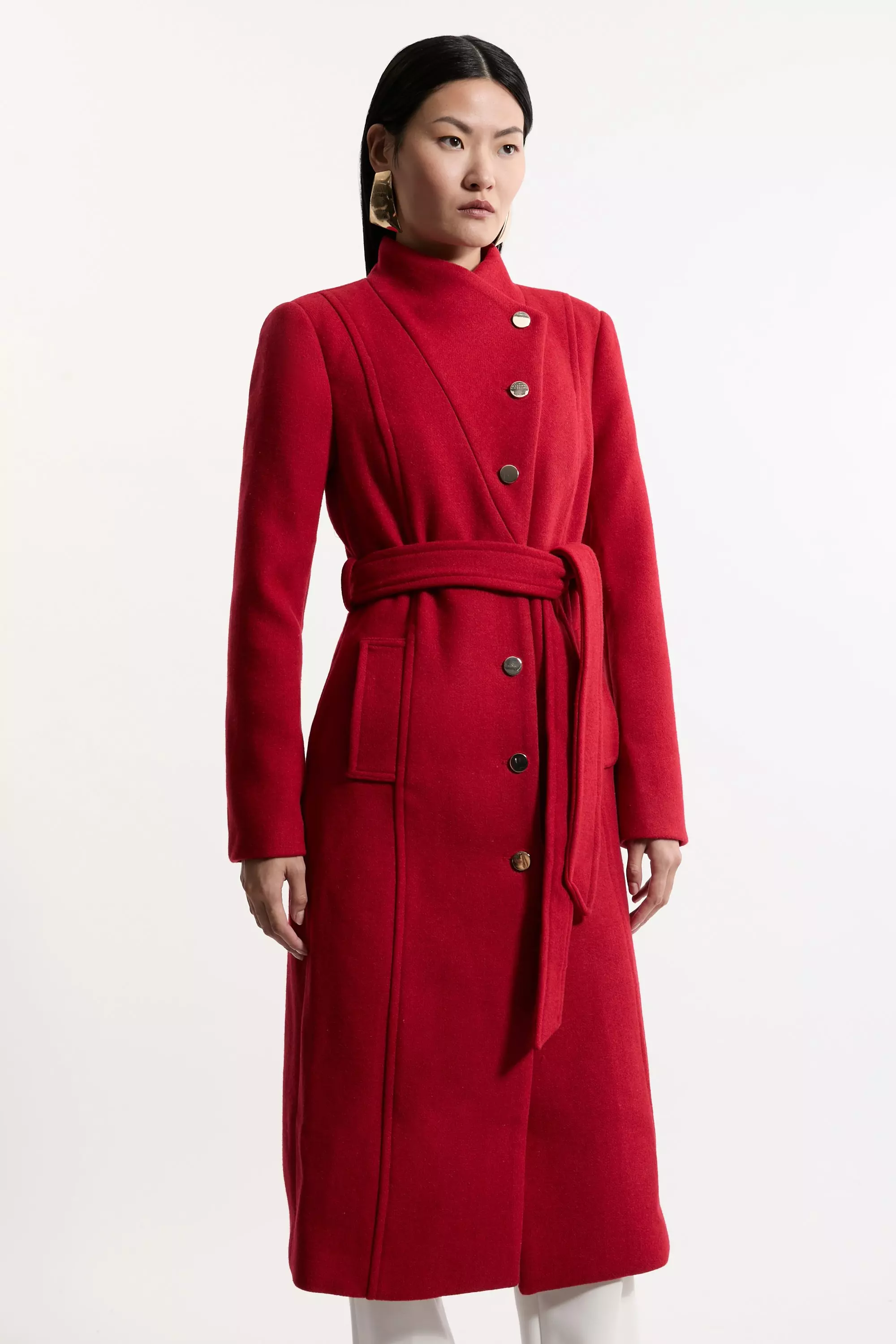 Karen Millen Womens Petite Tailored Wool Blend Asymmetric Button Neck Belted Midi Coat Red Size 6