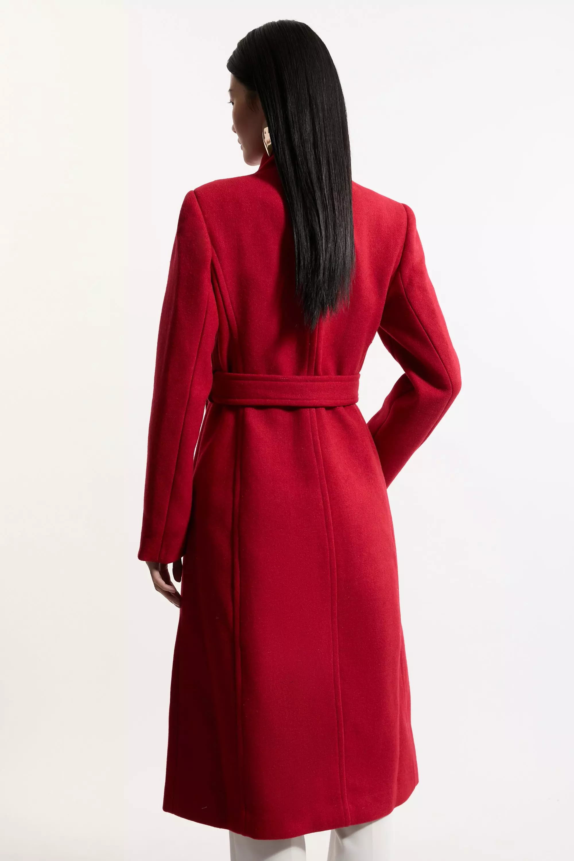 Petite Tailored Wool Blend Asymmetric Button Neck Belted Midi Coat Karen Millen