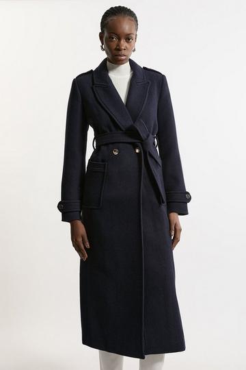 Tailored Wool Blend Belted Maxi Wrap Coat navy