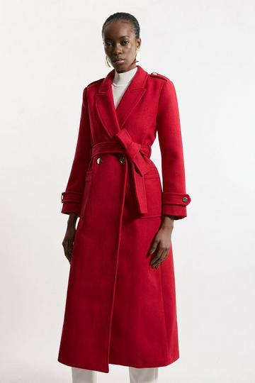 Tailored Wool Blend Belted Maxi Wrap Coat red