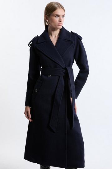 Navy Tailored Wool Blend Double Breasted Belted Midi Coat