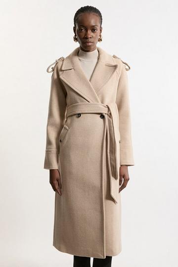 Tailored Wool Blend Double Breasted Belted Midi Coat oatmeal