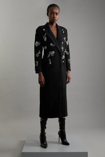 Black Tailored Wool Blend Embellished Maxi Coat