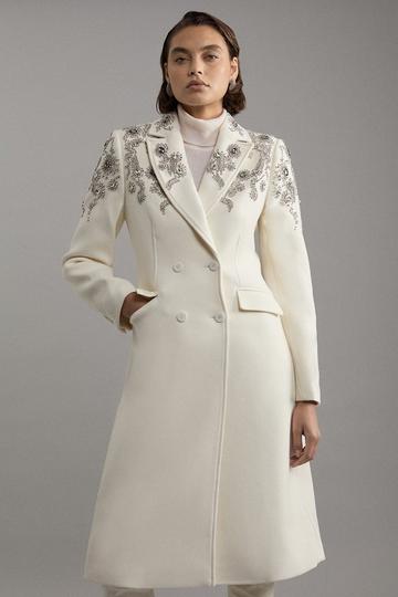 Tailored Wool Blend Embellished Double Breasted Midi Coat ivory