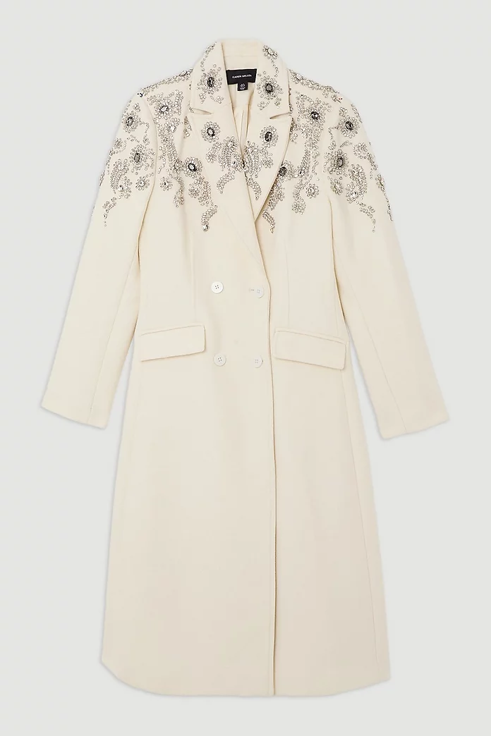 Tailored Wool Blend Embellished Double Breasted Midi Coat Tailored Wool Blend Embellished Double Breasted Midi Coat
