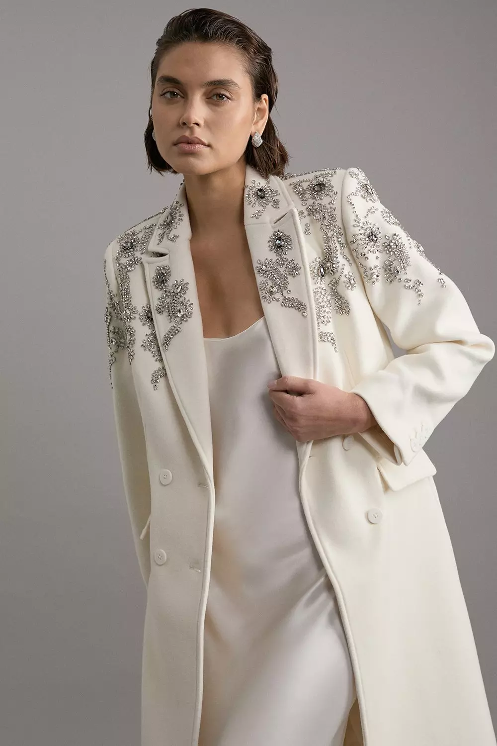 Ivory Tailored Wool Blend Embellished Double Breasted Midi Coat alternative image