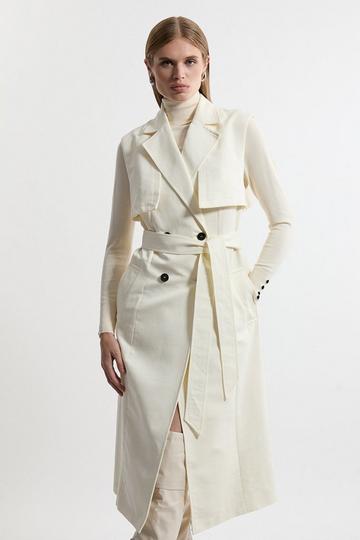 Tailored Sleeveless Belted Trench Coat ivory