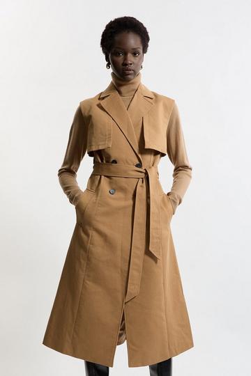 Tailored Sleeveless Belted Trench Coat tan