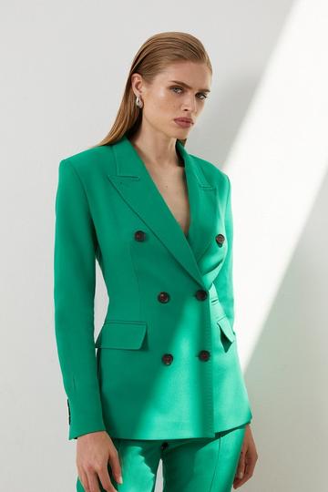 The Founder Petite Compact Stretch Rosette Double Breasted Blazer emerald