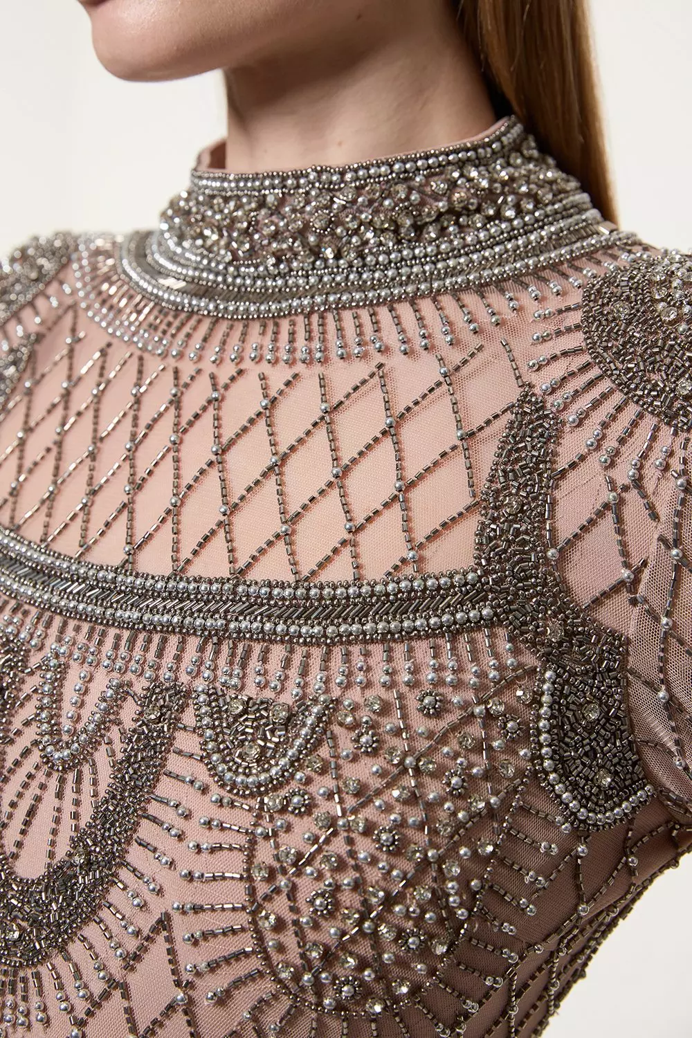 KAREN MILLEN■ニット ペンシルドレス Petite Embellished And Beaded Long Sleeve Woven Maxi Dress