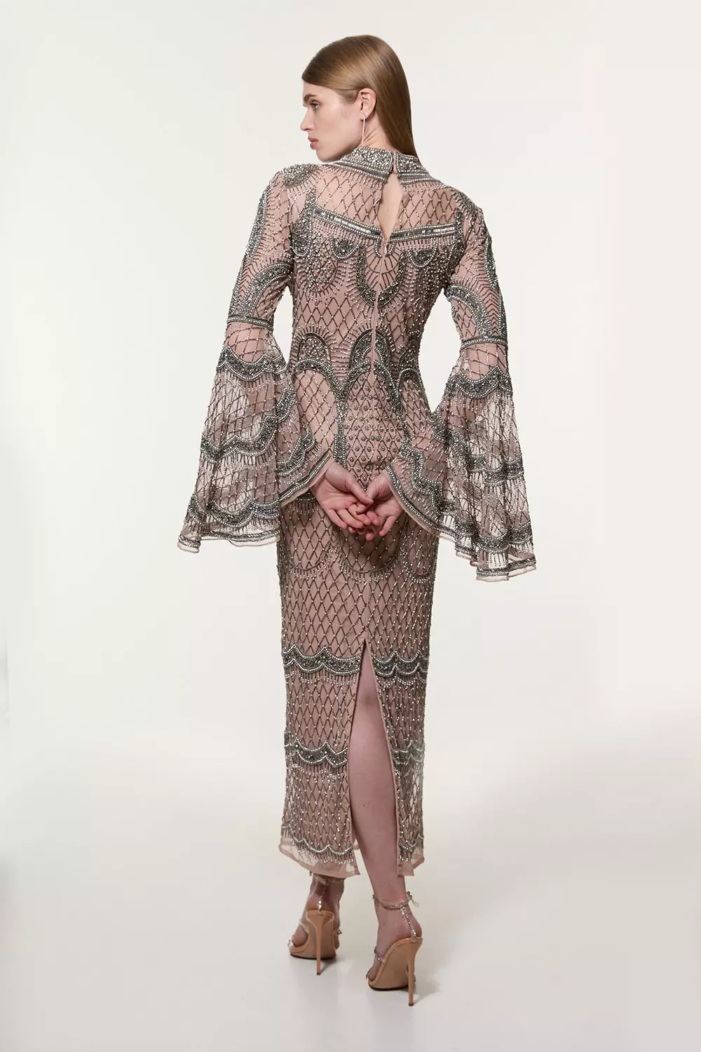 Petite Embellished And Beaded Long Sleeve Woven Maxi Dress