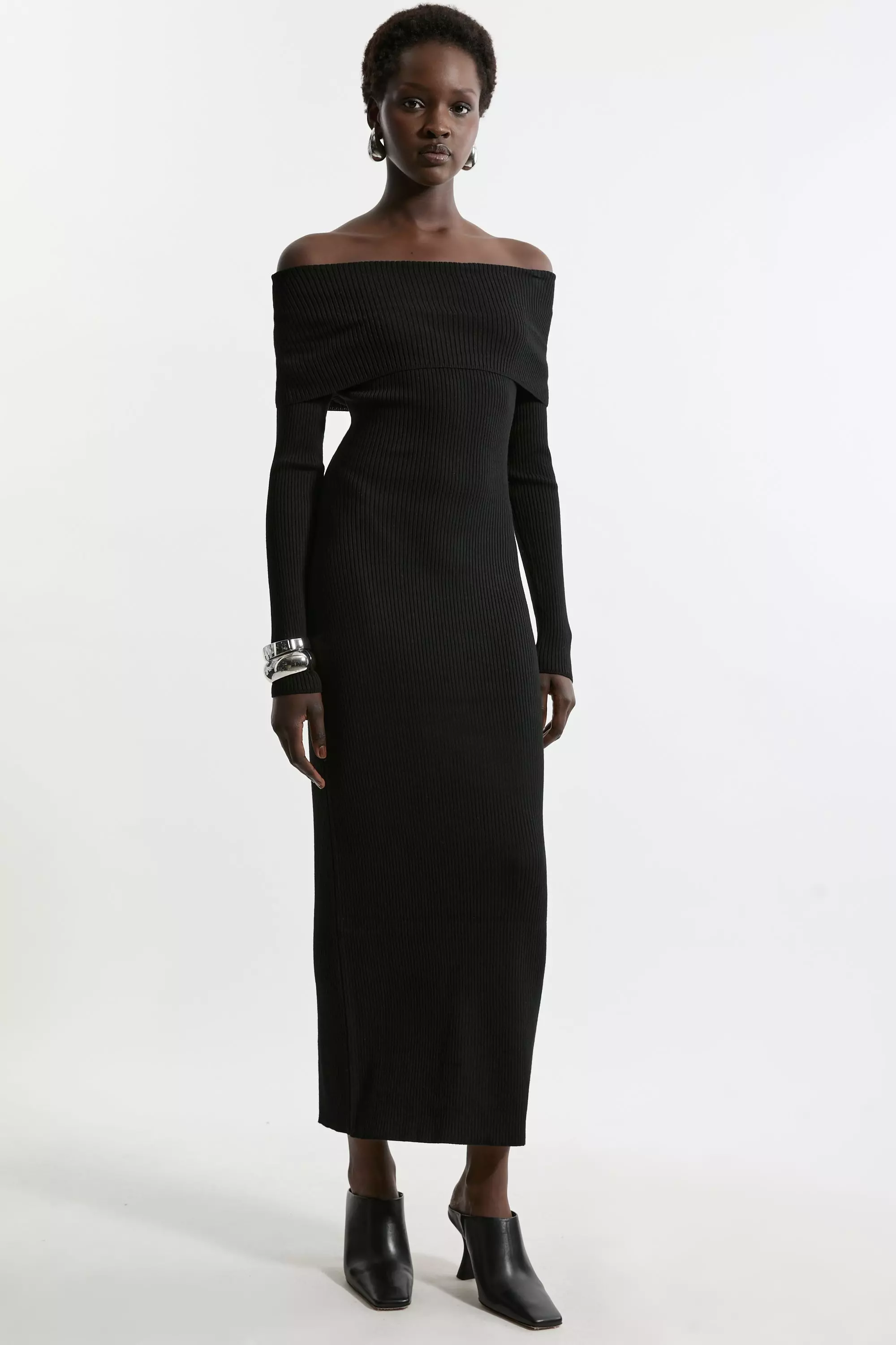 Viscose Blend Rib Detail Bardot Knit Midi Dress Karen Millen