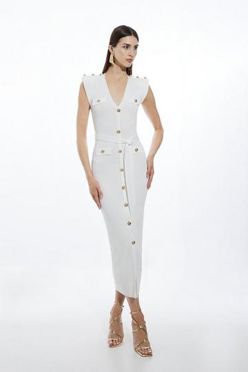 Cream White Petite Viscose Blend Rib Strong Shoulder Military Trim Knit Midaxi Dress