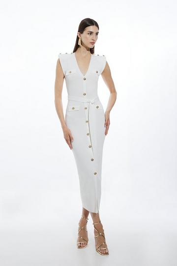 Cream White Viscose Blend Rib Strong Shoulder Military Trim Knit Midaxi Dress