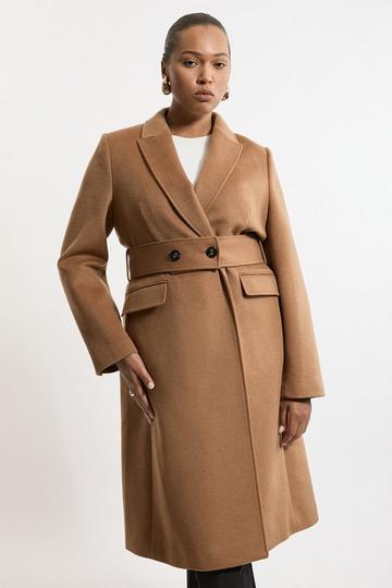 Plus Size Tailored Wool Blend Belted Midi Coat camel