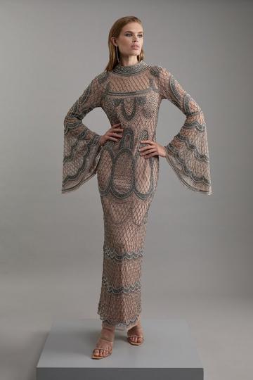 Nude Embellished And Beaded Long Sleeve Woven Maxi Dress