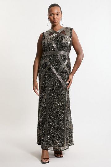 Black Plus Size Embellished And Beaded Woven Maxi Dress