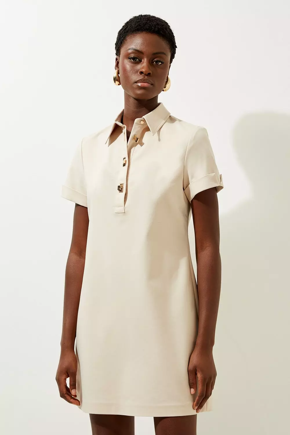 Techno Cotton Woven Short Shirt Dress With Gold Clasp Karen Millen