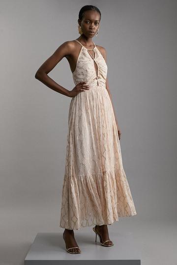 Nude Viscose Metallic Georgette Halter Woven Maxi Dress