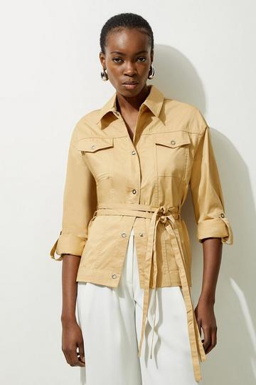 Tailored Clean Polished Cotton Belted Jacket tan