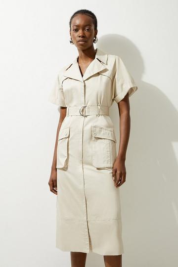 Tailored Clean Cotton Polished Midi Shirt Dress stone