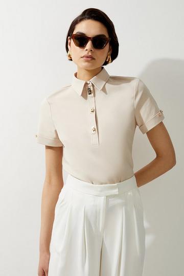 Essential Techno Cotton Woven Polo Top With Gold Clasp stone