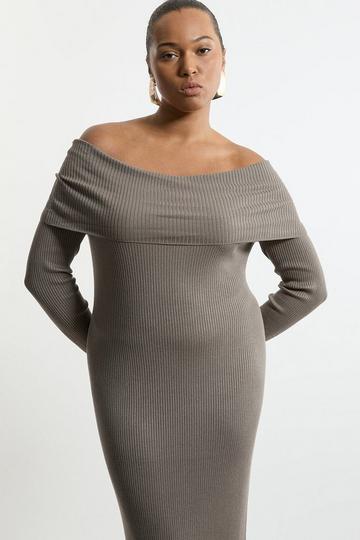 Plus Size Viscose Blend Rib Detail Bardot Knit Midi Dress grey